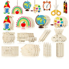Set of wooden educational toys including a globe, rainbow, and various shapes on a white background.