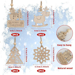 Set of wooden Christmas ornaments with measurements and details on a snowy background