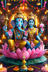 Statue of two deities on a pink lotus with colorful lights in the background