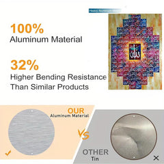 Comparison of aluminum material with other tin, highlighting features like 100% aluminum content and higher bending resistance.