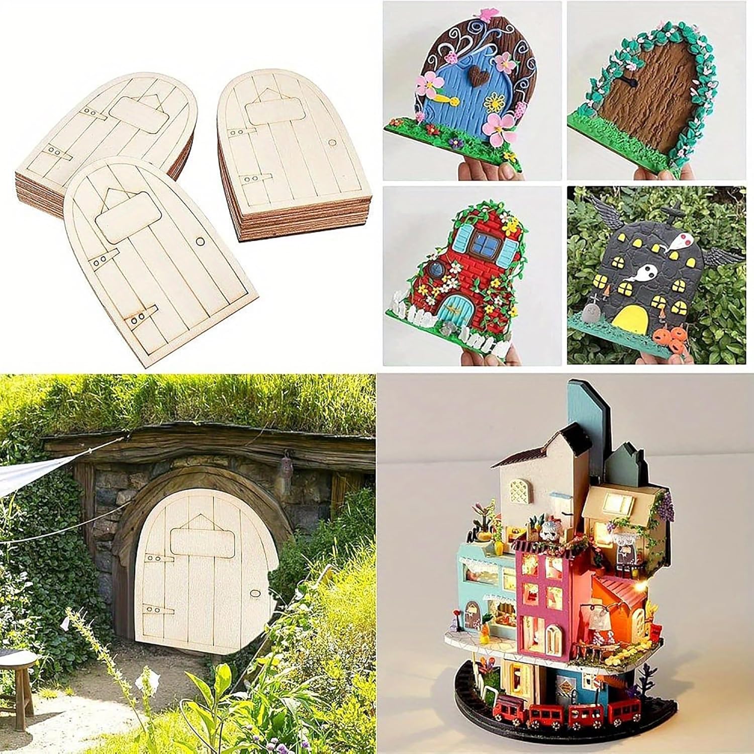 Collage of various fairy doors and miniature houses.