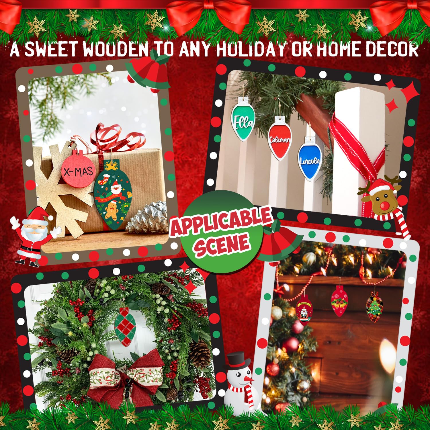 Decorative Christmas scene with wreaths, Santa Claus, and Christmas trees on a red background.