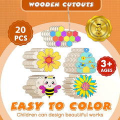 Set of wooden cutouts with colorful designs on an orange background