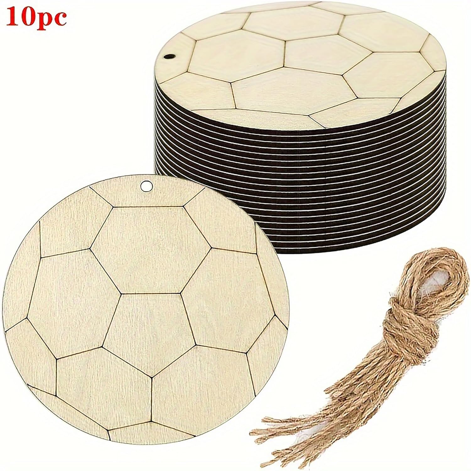 Wooden geometric shapes with jute twine on a white background
