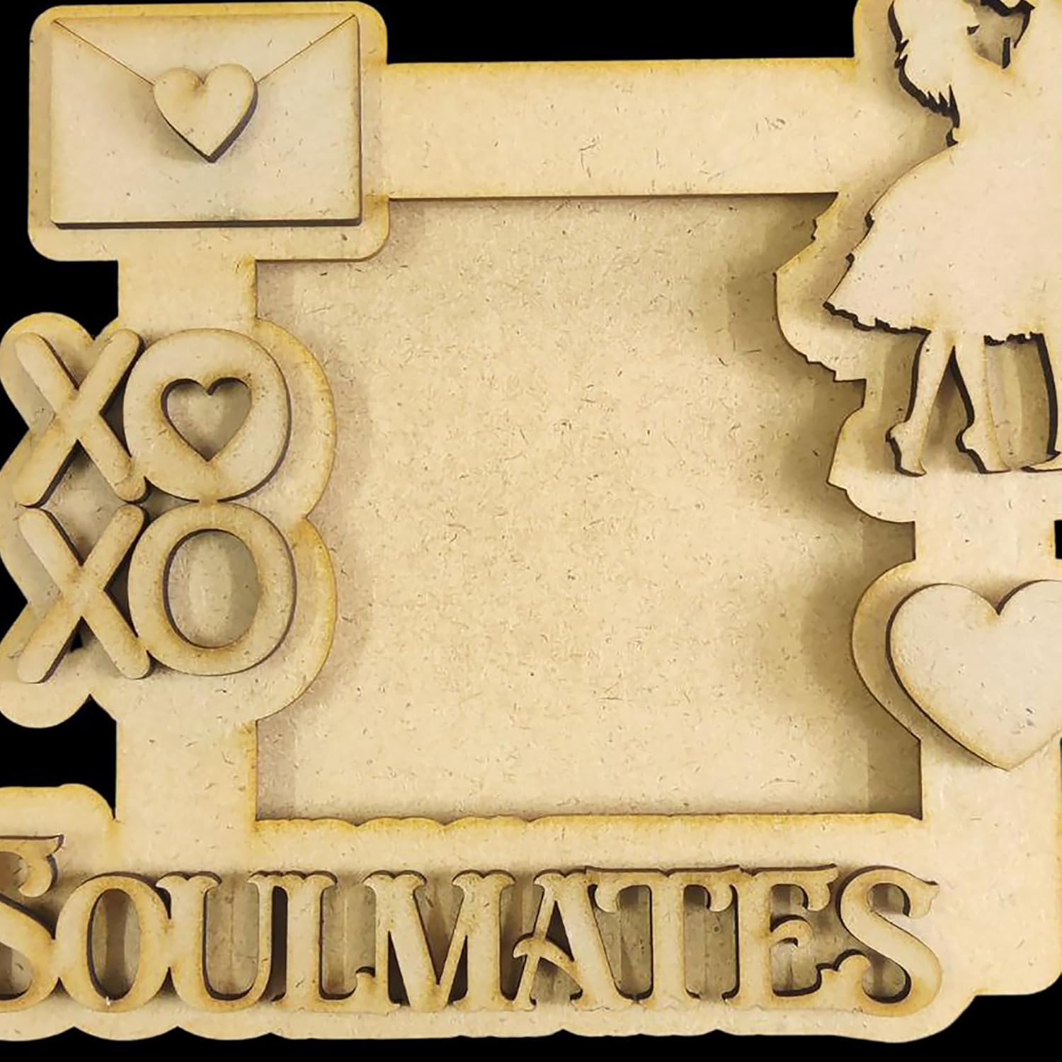 Wooden photo frame with 'Soulmates' text and decorative elements on a black background