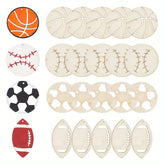 Set of wooden cutouts shaped like sports balls on a white background