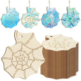 Decorative wooden ornaments with stained glass designs and a stack of plain wooden shapes.