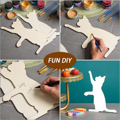 Collage of a DIY project involving a cat-shaped cutout, painting, and final product.