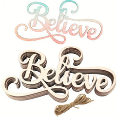 Wooden letter set spelling 'Believe' with a string on a white background