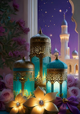 Decorative scene with illuminated lanterns, flowers, and a mosque silhouette.
