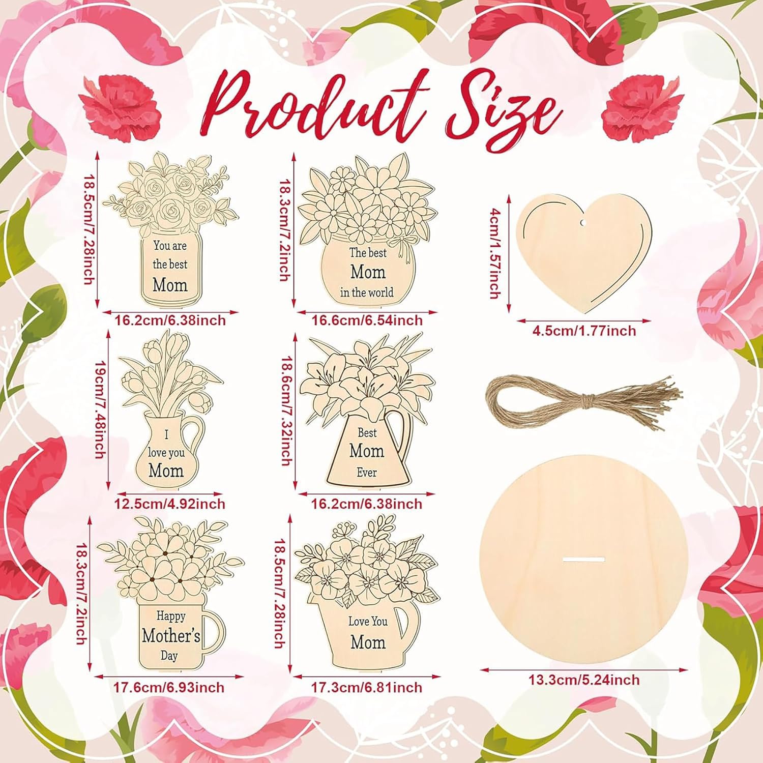 Product size chart with decorative items and measurements on a floral background