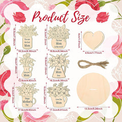 Product size chart with decorative items and measurements on a floral background
