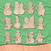 Set of snowman illustrations on a green fabric background