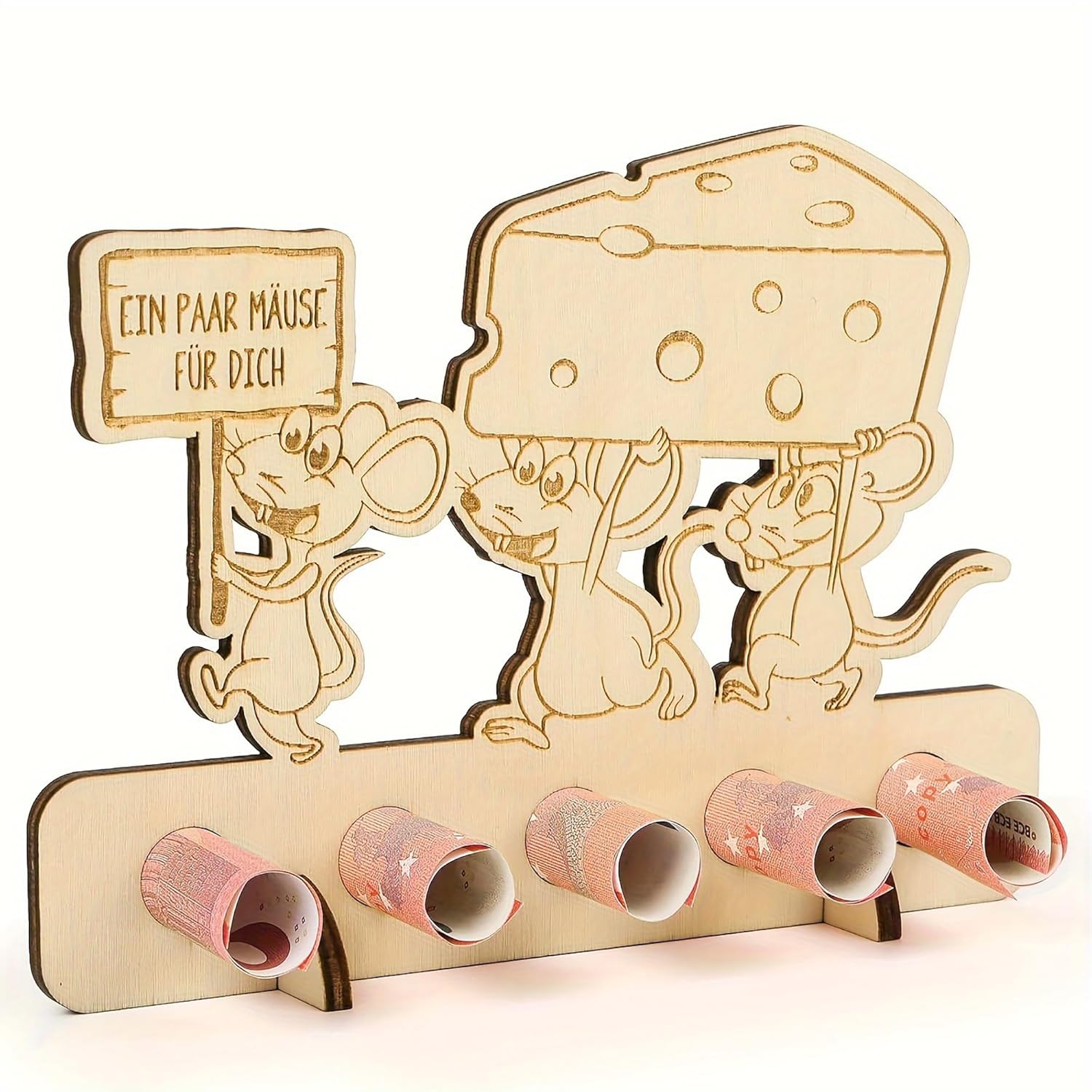 Wooden toy with mice and cheese design on a white background