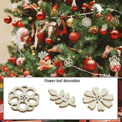 Decorative Christmas tree with red ornaments and a close-up of wooden flower and leaf decorations.