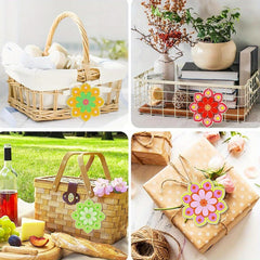 Collage of picnic basket, gift wrap, and decorative elements with floral stickers.