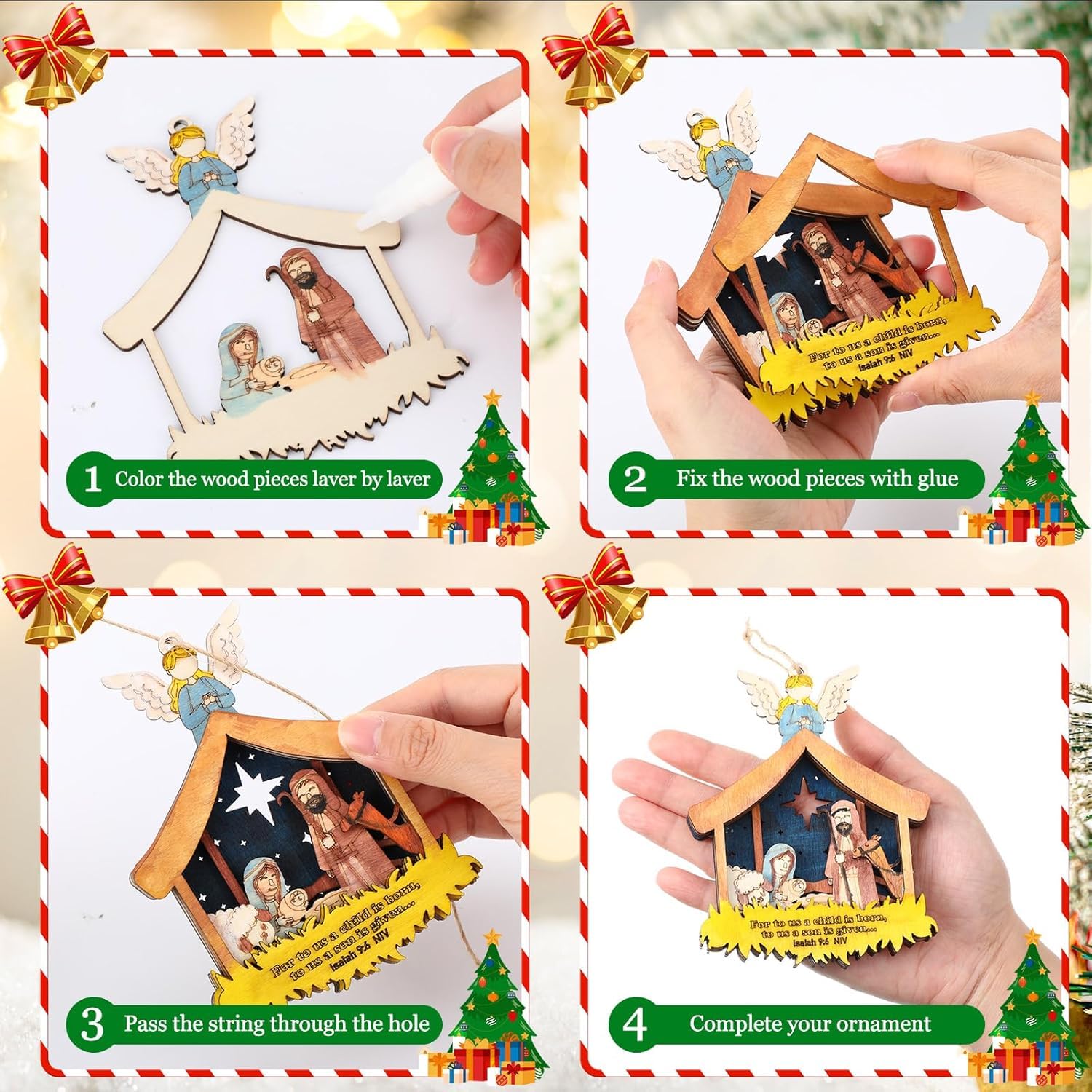 Step-by-step guide for creating a wooden nativity scene ornament with colorful decorations.