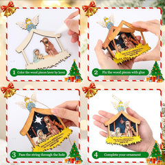 Step-by-step guide for creating a wooden nativity scene ornament with colorful decorations.