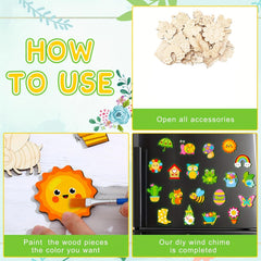 Step-by-step guide on how to use wooden pieces to create a DIY wind chime with colorful magnets.