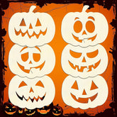 Set of six white pumpkin cutouts with jack-o'-lantern faces on an orange background.