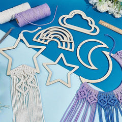 American Elm 8 Pcs Boho Wooden Macrame Frames Set Moon Star Cloud Rainbow Shapes DIY Craft Wall Hanging Decor MDF Cutouts for Weaving, Home Decoration, Room
