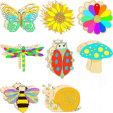 Set of colorful wooden insect-shaped decorations on a white background
