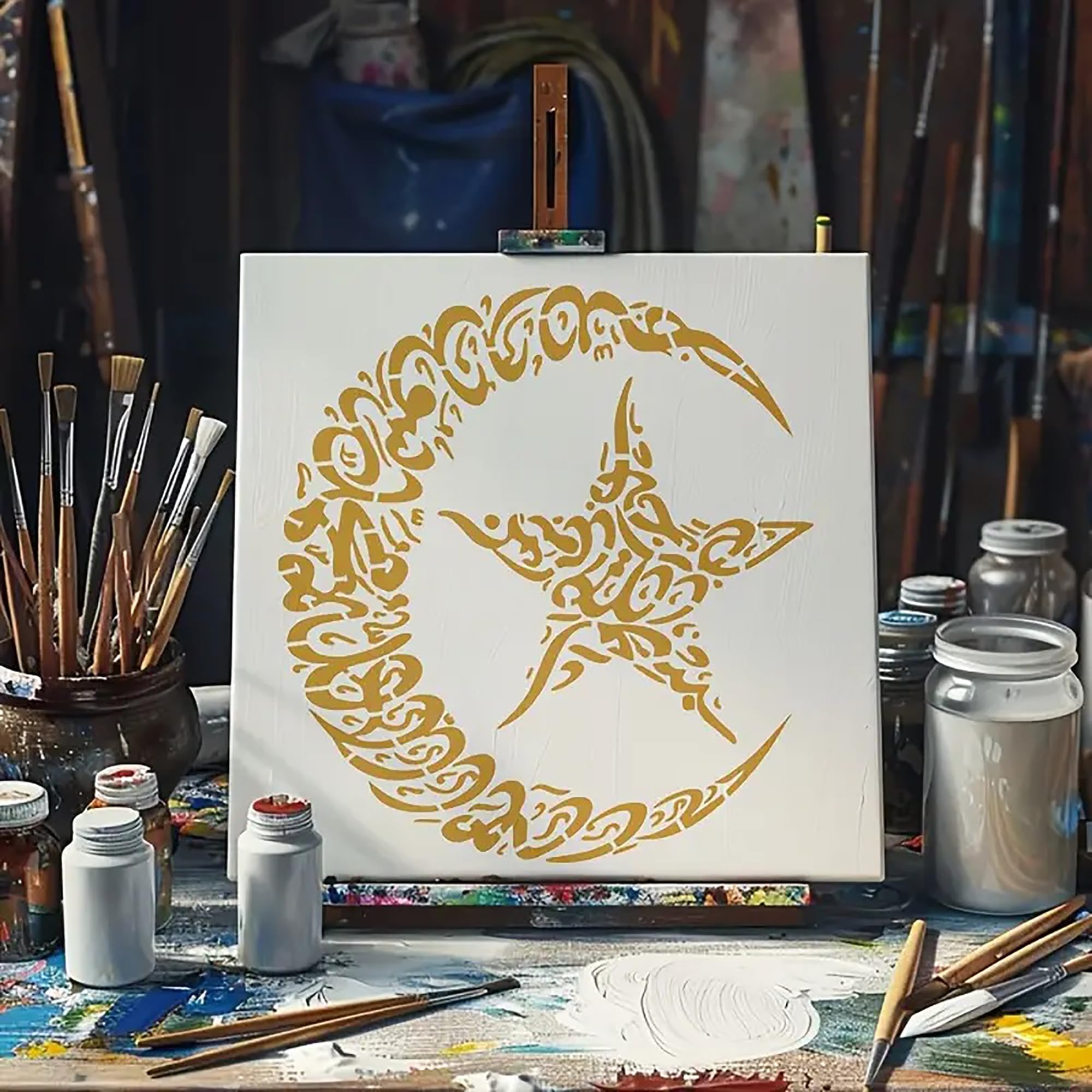 spiritual moon and stars stencil for meditation spaces