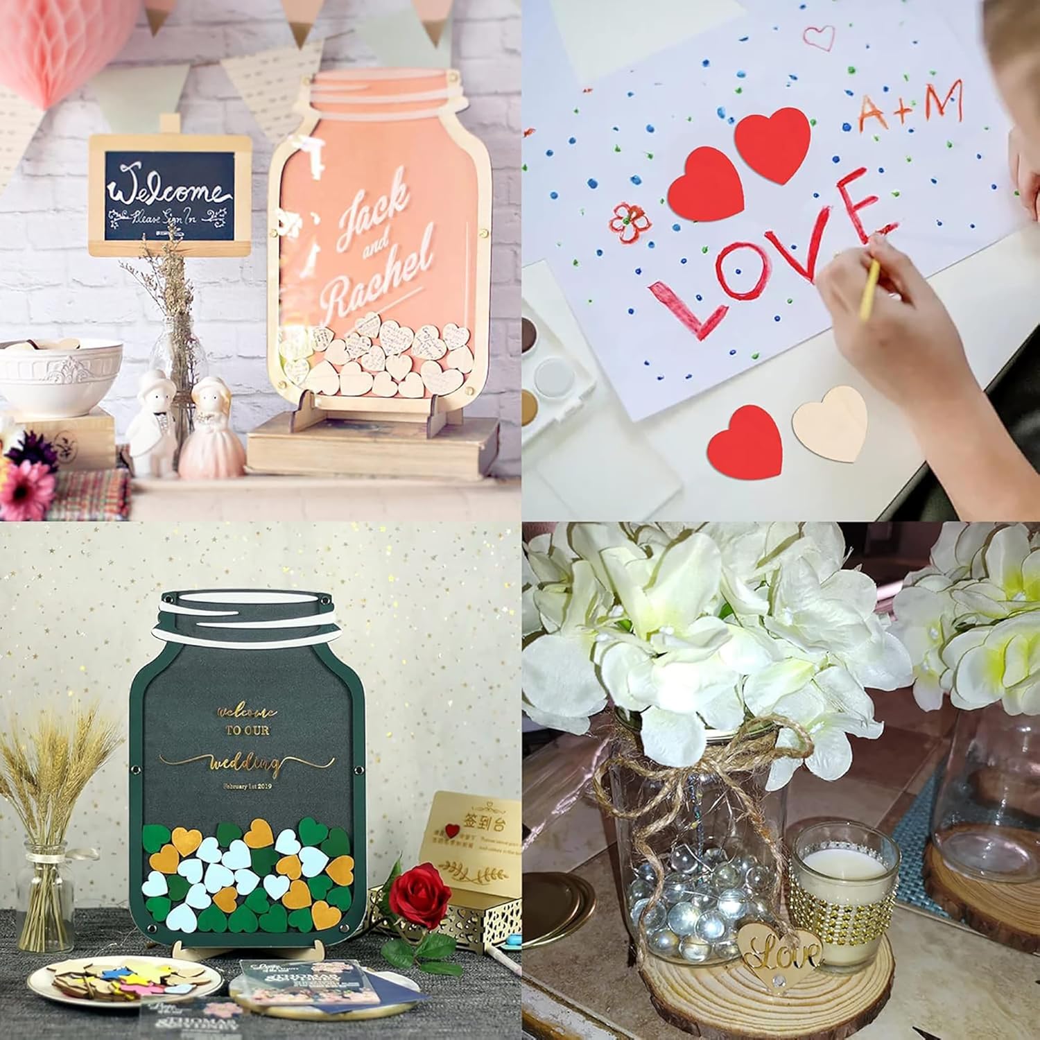 Collage of decorative jars with personalized text, a child drawing, and floral arrangements.