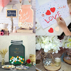 Collage of decorative jars with personalized text, a child drawing, and floral arrangements.