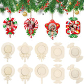 Decorative Christmas ornaments with customizable photo frames and festive designs.