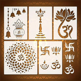 Set of six decorative stencils with religious symbols on a brown background