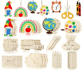 Set of wooden educational toys including a globe, rainbow, clock, and other items on a white background.