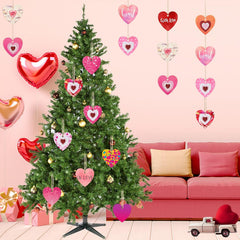Decorated Christmas tree with heart-shaped ornaments in a living room setting.