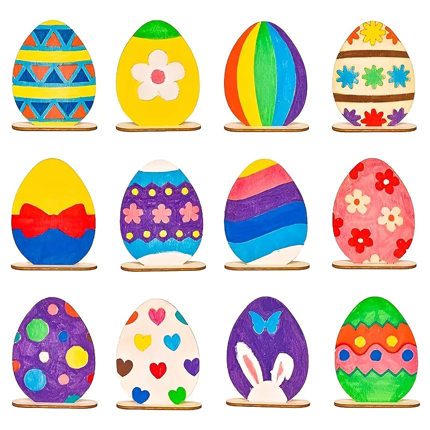 Set of colorful Easter eggs with various patterns on a white background