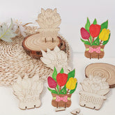 Wooden floral decorations on a white surface with a woven mat.