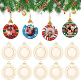 Set of Christmas ornaments with customizable photo options and plain wooden ones.