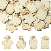Wooden cutouts of decorative bottles with ribbons on a white background