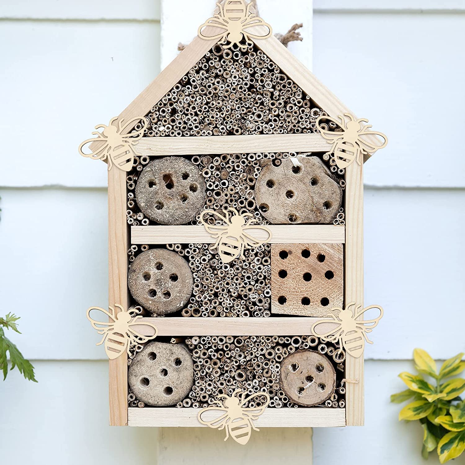Beeswax insect house with natural elements on a white background
