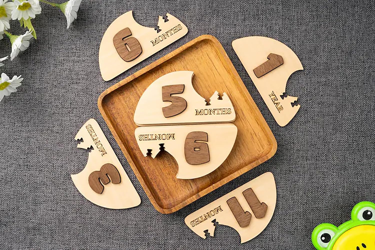 Wooden baby milestone cards with numbers on a textured surface