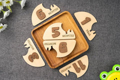 Wooden baby milestone cards with numbers on a textured surface
