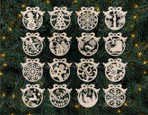 Decorative Christmas ornaments on a tree with lights