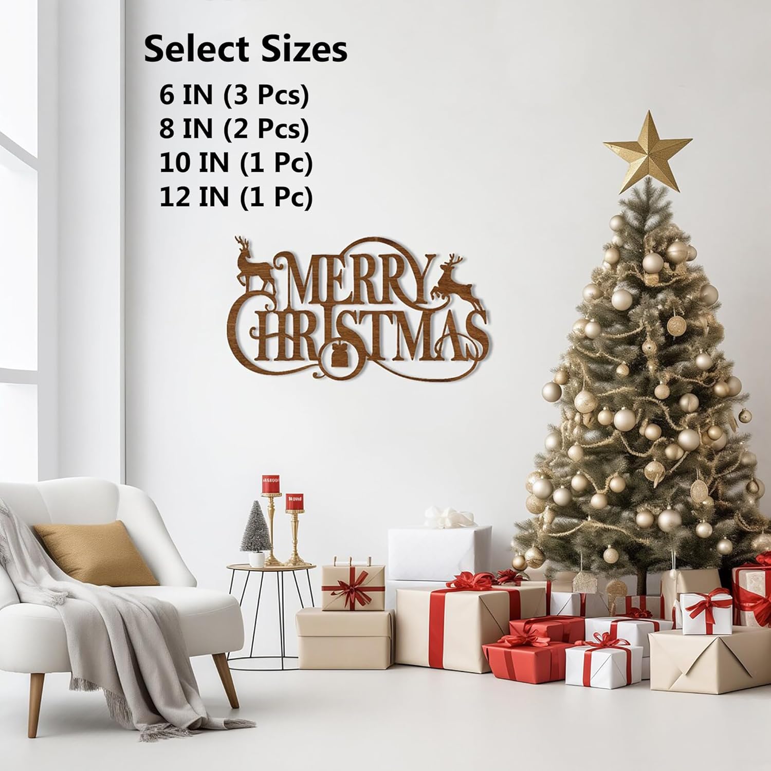 Decorative 'Merry Christmas' sign with Christmas tree and presents in a room setting.