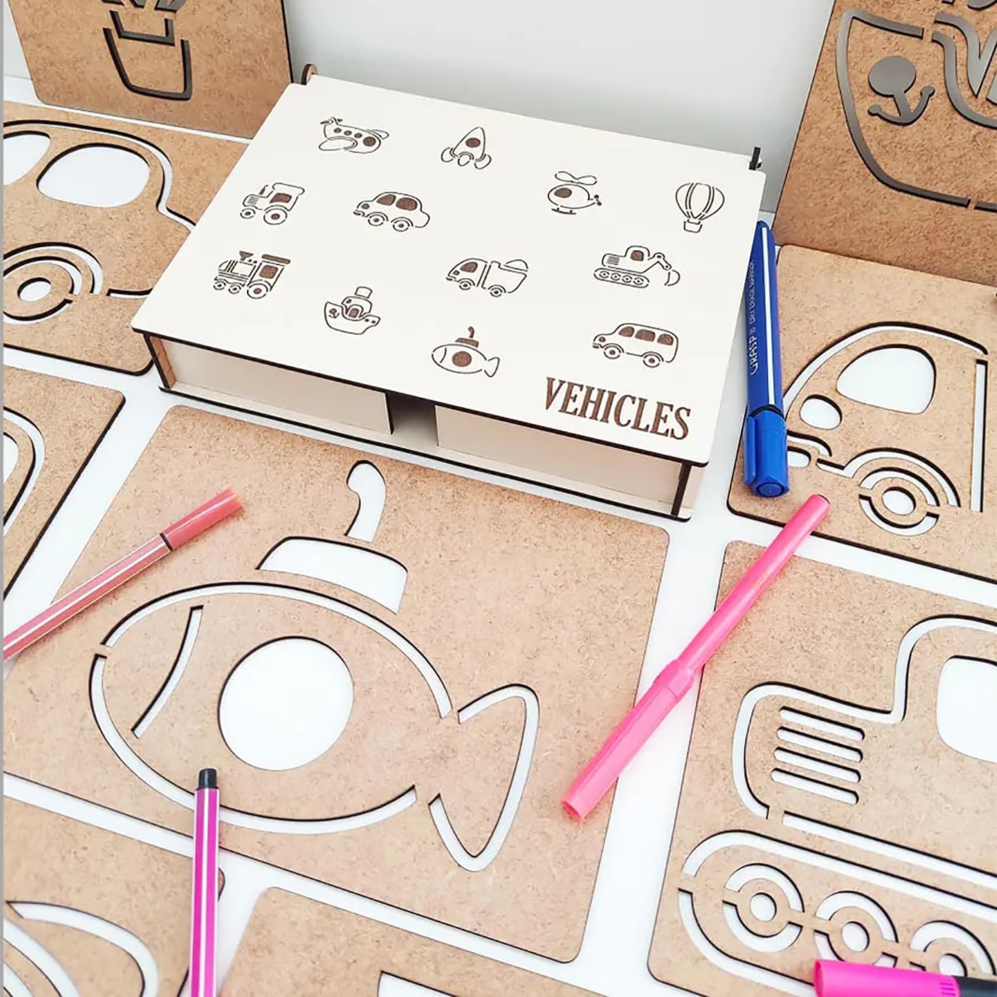 Wooden transport tracing set for early learning activities