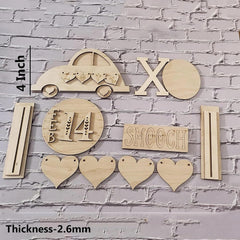 Set of wooden decorative pieces with car, hearts, and text on a brick wall background