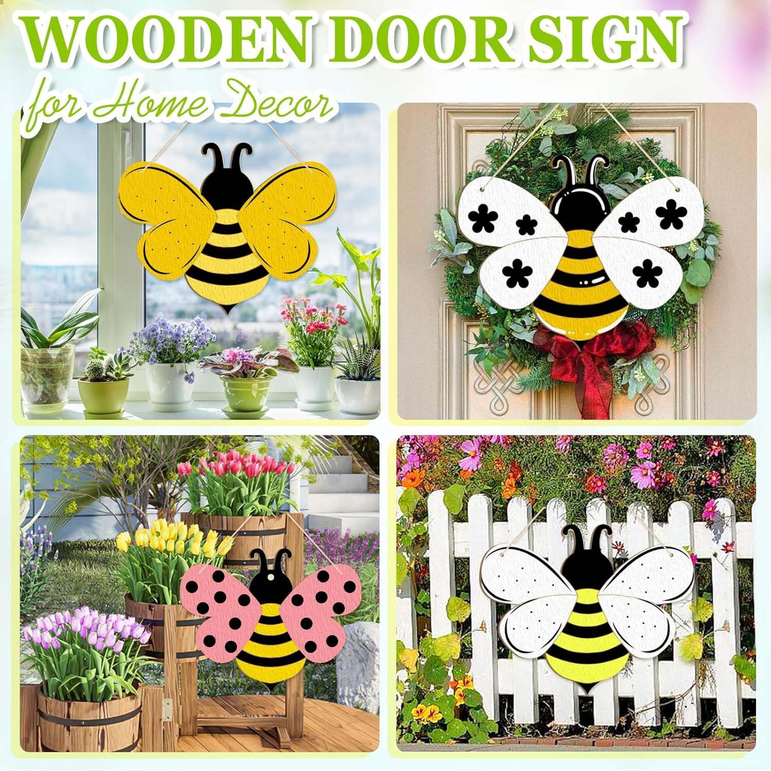 Collage of bee-themed wooden door signs with garden and home decor settings.