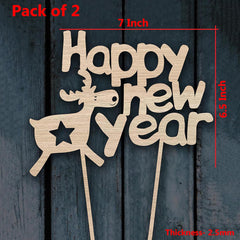Cliths Pack of 2 Wooden Happy New Year Cake Toppers MDF New Year Decor for Cakes, Parties, Gifts
