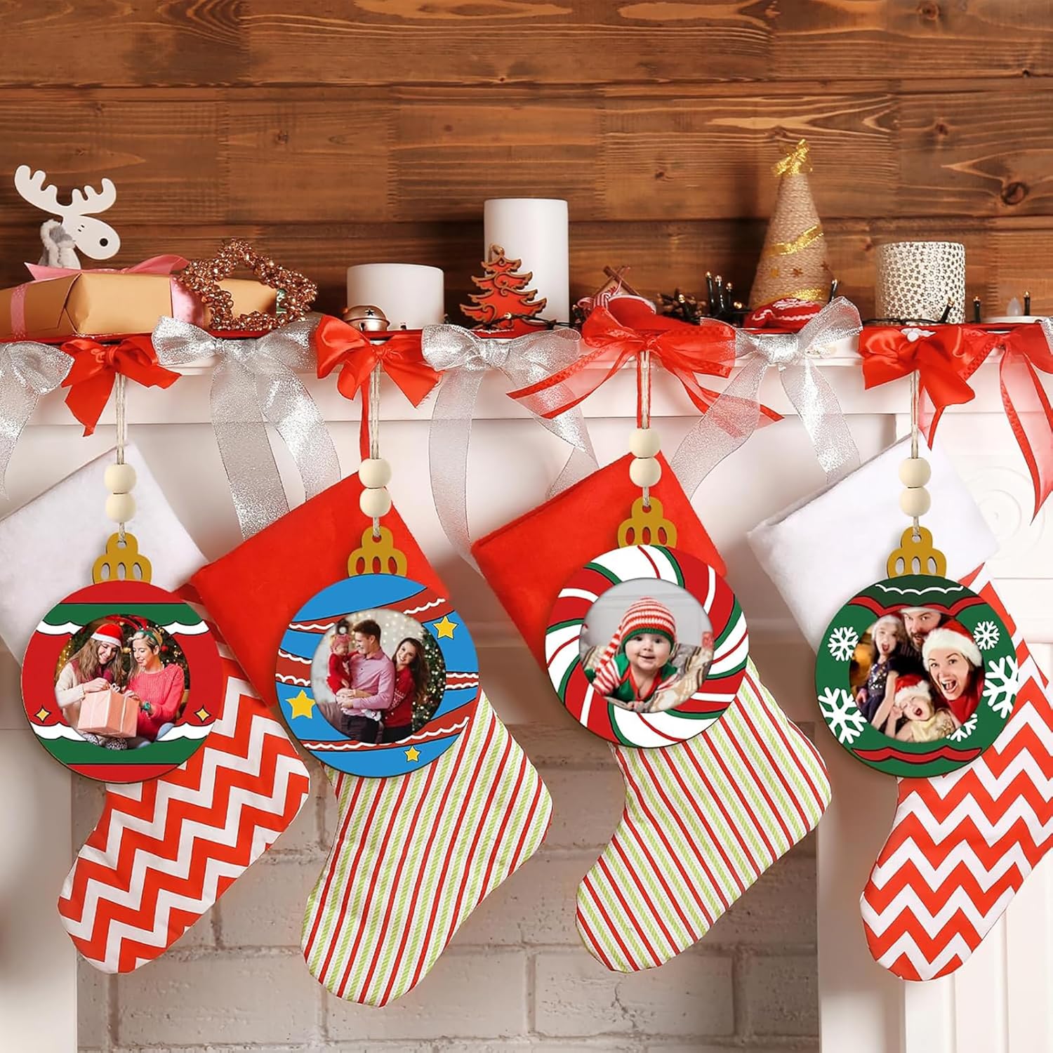 Decorative stockings with photo ornaments on a wooden mantel.