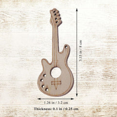 Wooden guitar-shaped cutout with dimensions on a light wood background