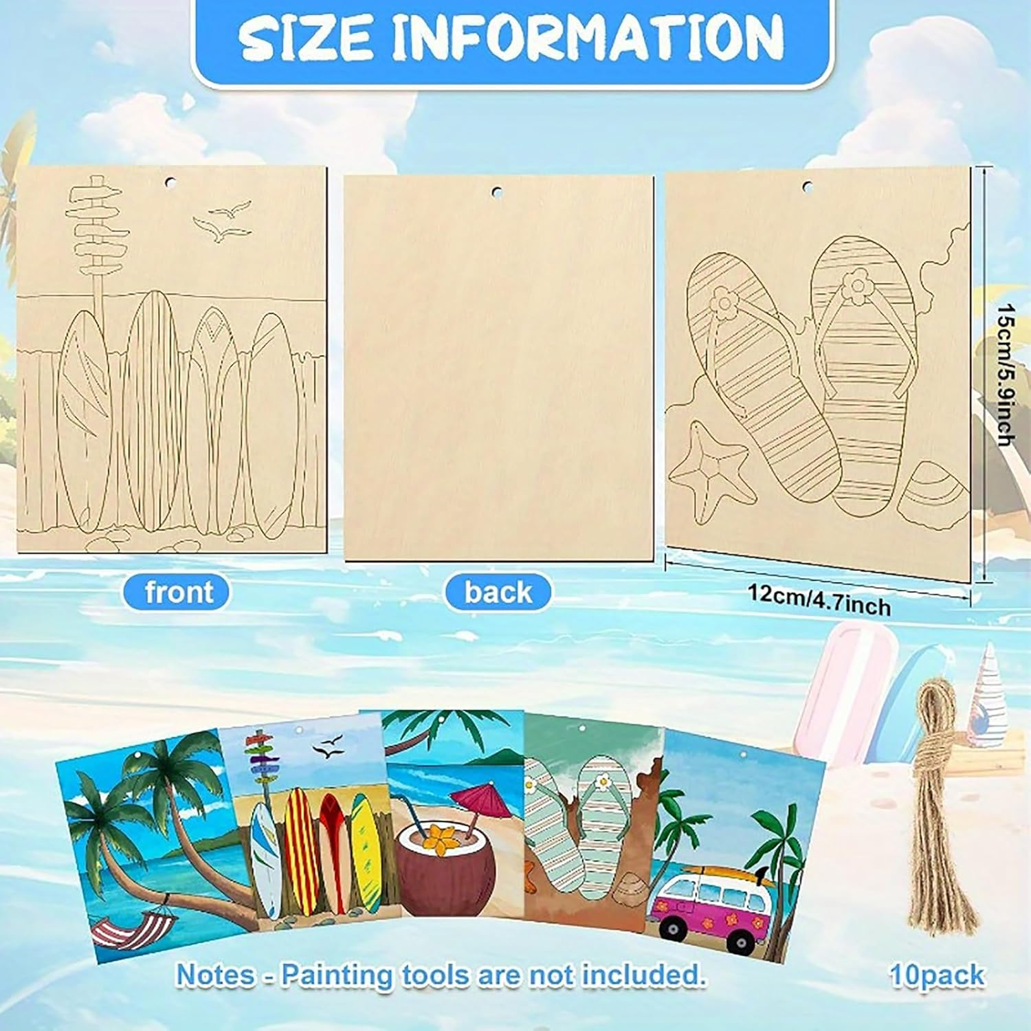 Size information for a set of wooden paint-by-number kits with beach-themed designs.
