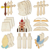 Collection of religious-themed wooden cutouts including crosses, an angel, books, a cathedral, and praying hands on a white background.